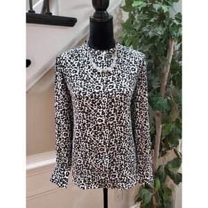 LOFT Women's White Black Cheetah Print Long Sleeve Button Down Shirt Size Medium